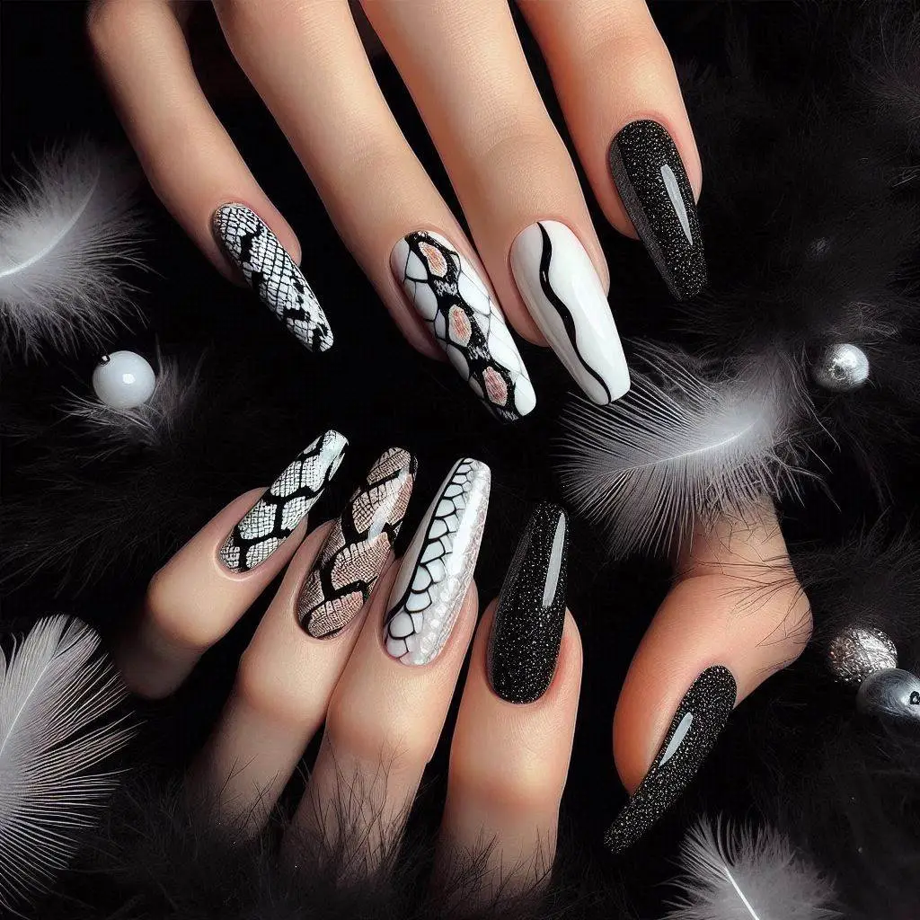 Black and White Snake Nails