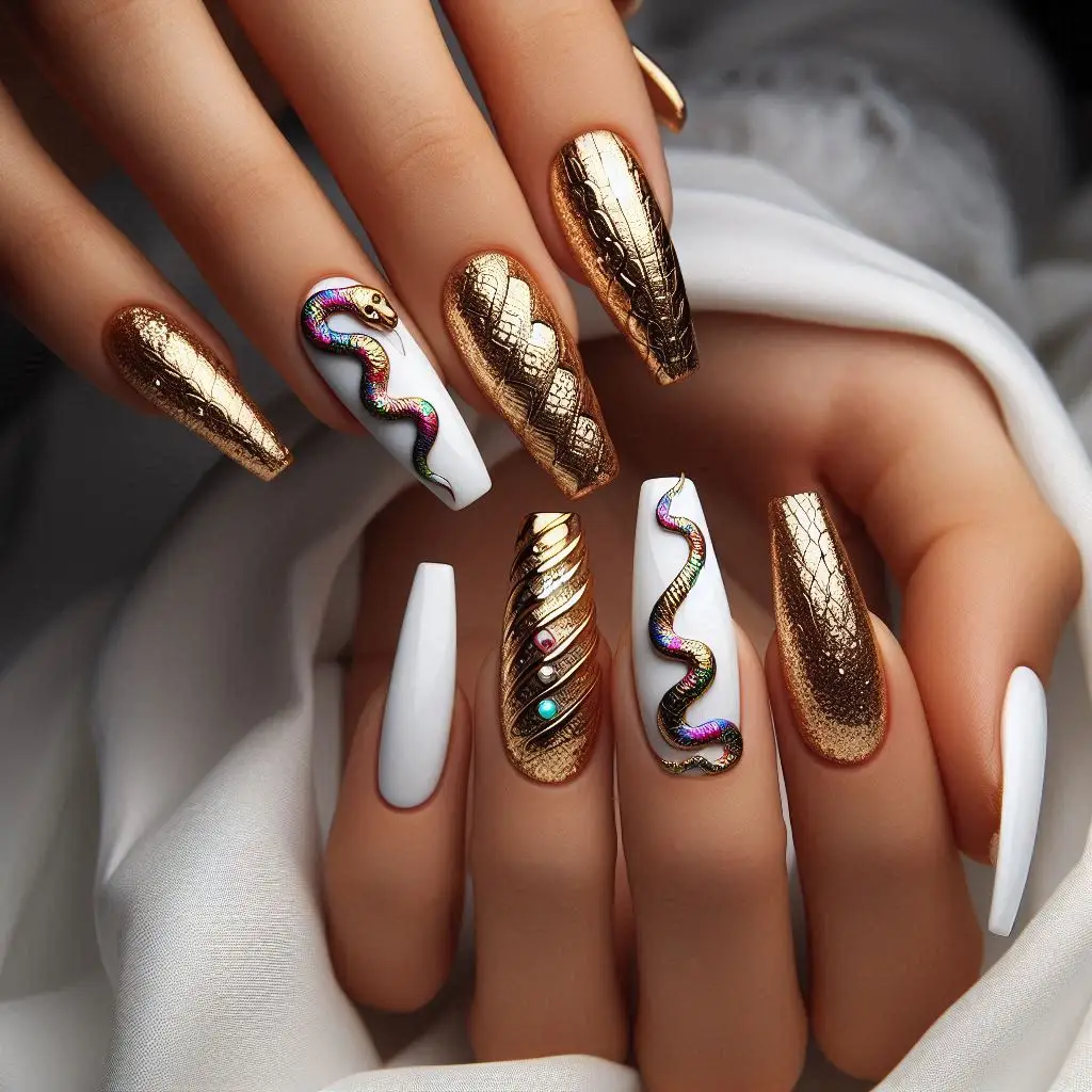 Gold Snake Accent Nails