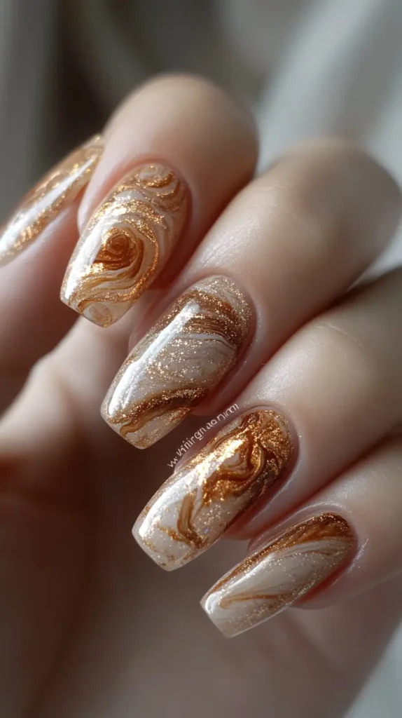 Golden Brown Marble Nails