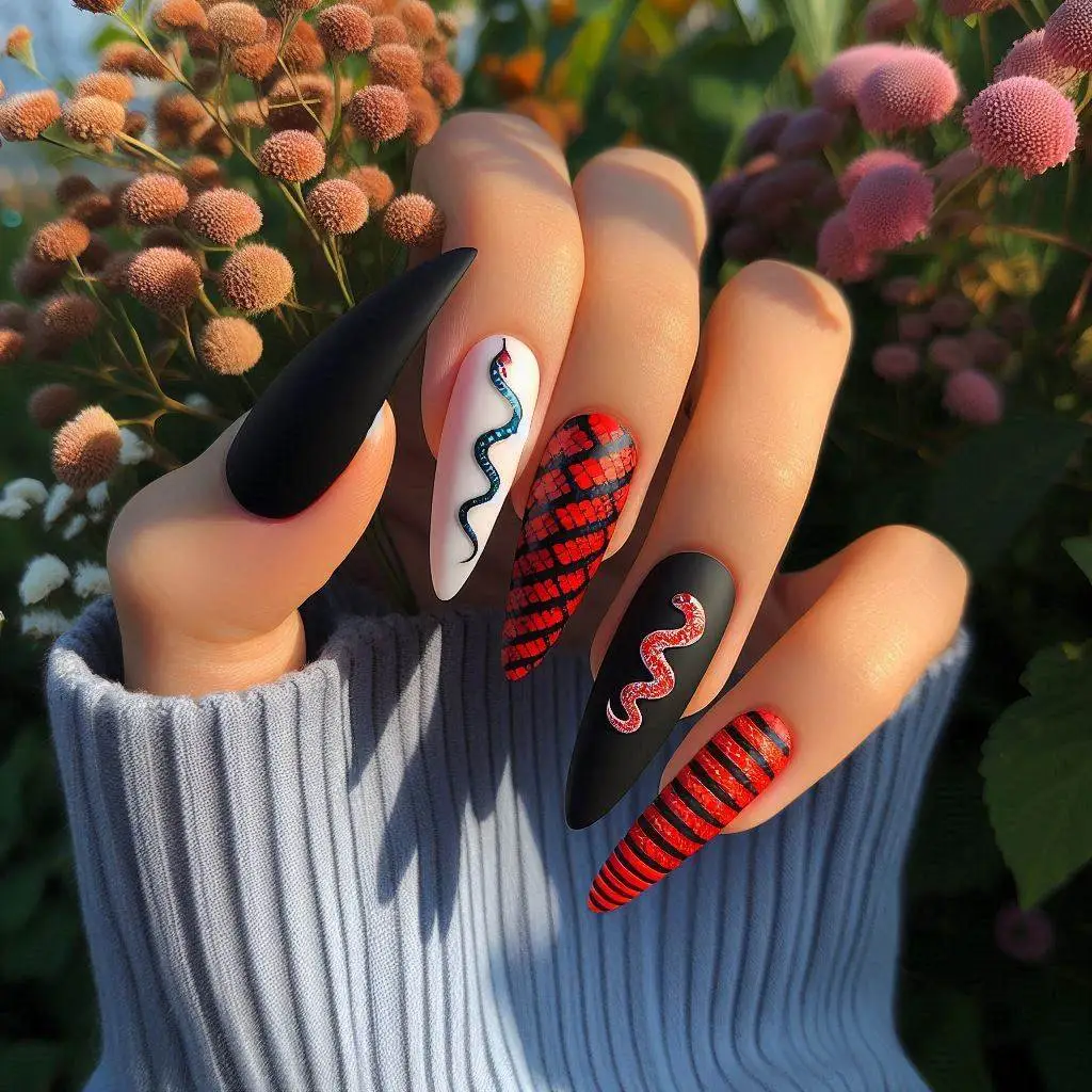 Matte Black with Red Snake Nails