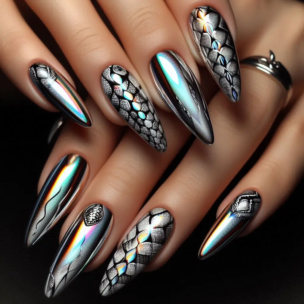 Metallic Silver Snake Nails