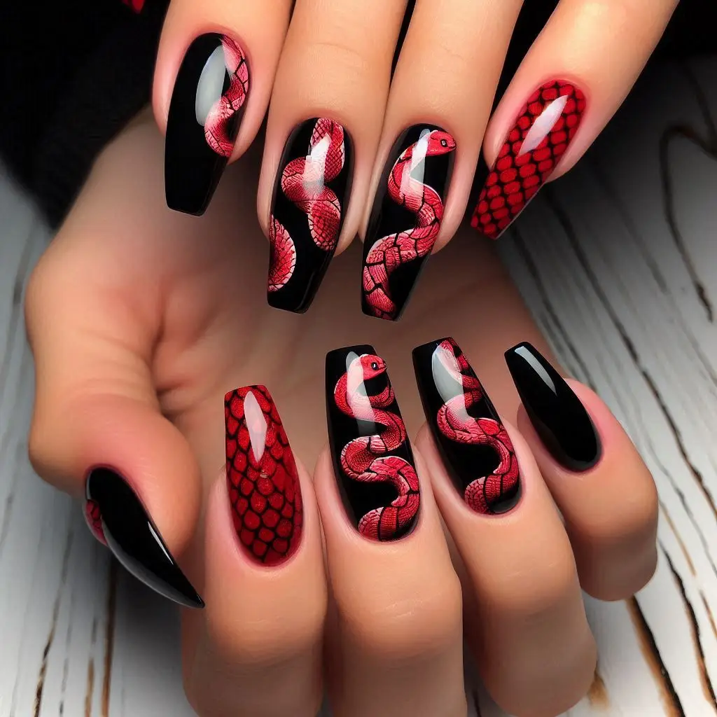 Red Snake on Black Base Nails