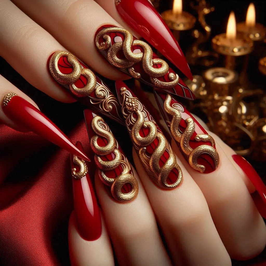 Red and Gold Snake Nails