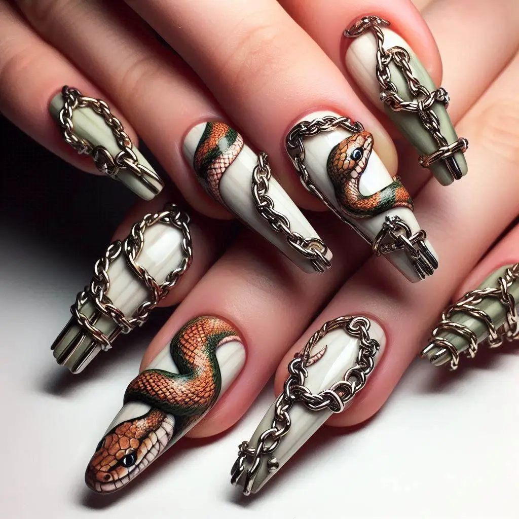 Snake Wrapped in Chain Nails_ Nails featuring snakes wrapped around metallic chain designs.