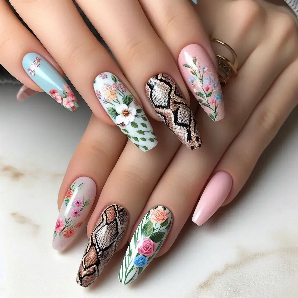 Snake and Floral Nails