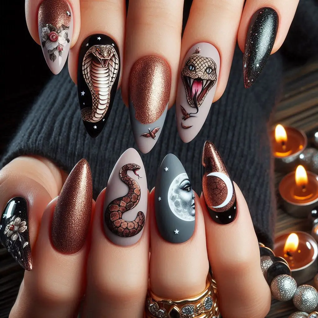 Snake and Moon Phase Nails