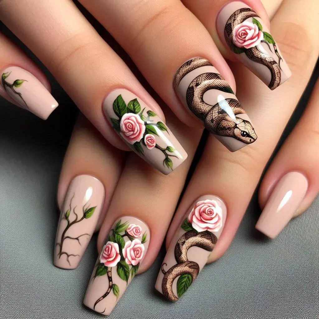 Snake and Rose Nails