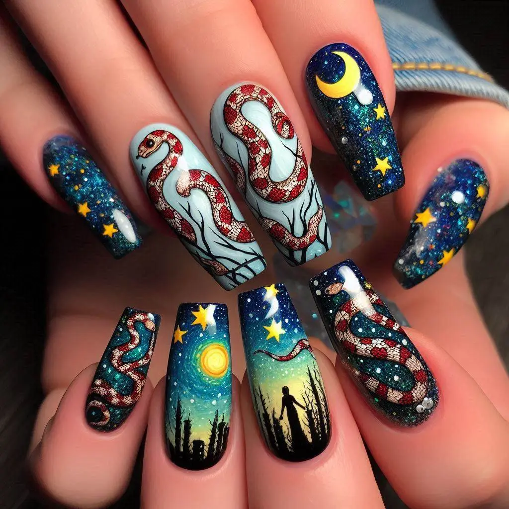 Snake and Starry Night Nails