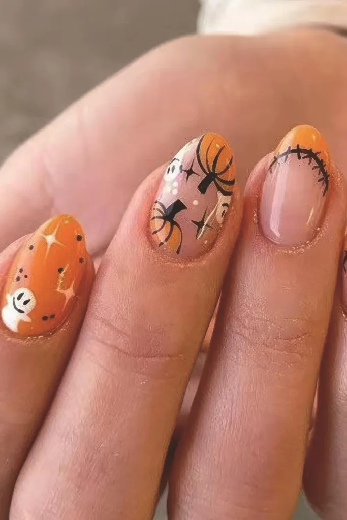 10. Cute Pumpkin & Ghost Design Nails