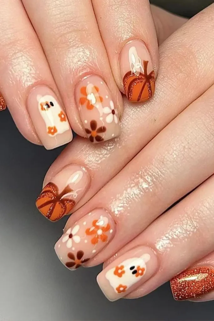 11. Pumpkin Ghost Flower Glitter Nails