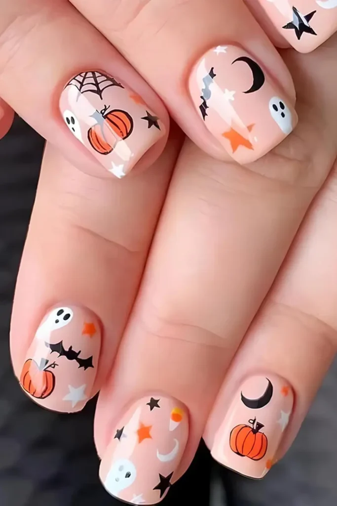 14. Gothic Ghost Pumpkin Bat Nails