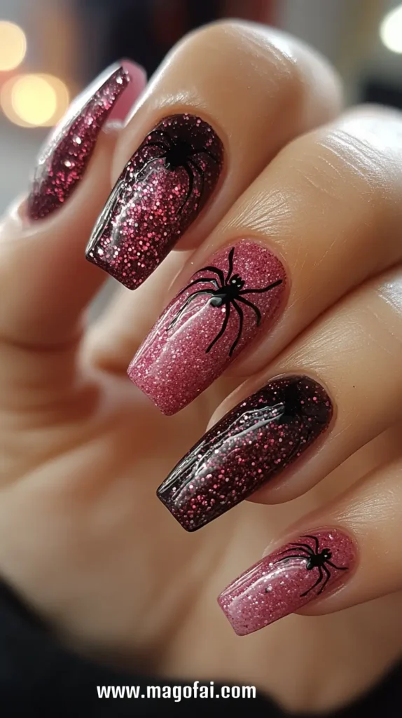 17. Glittery Spider Accent Nail - Halloween Nails 1