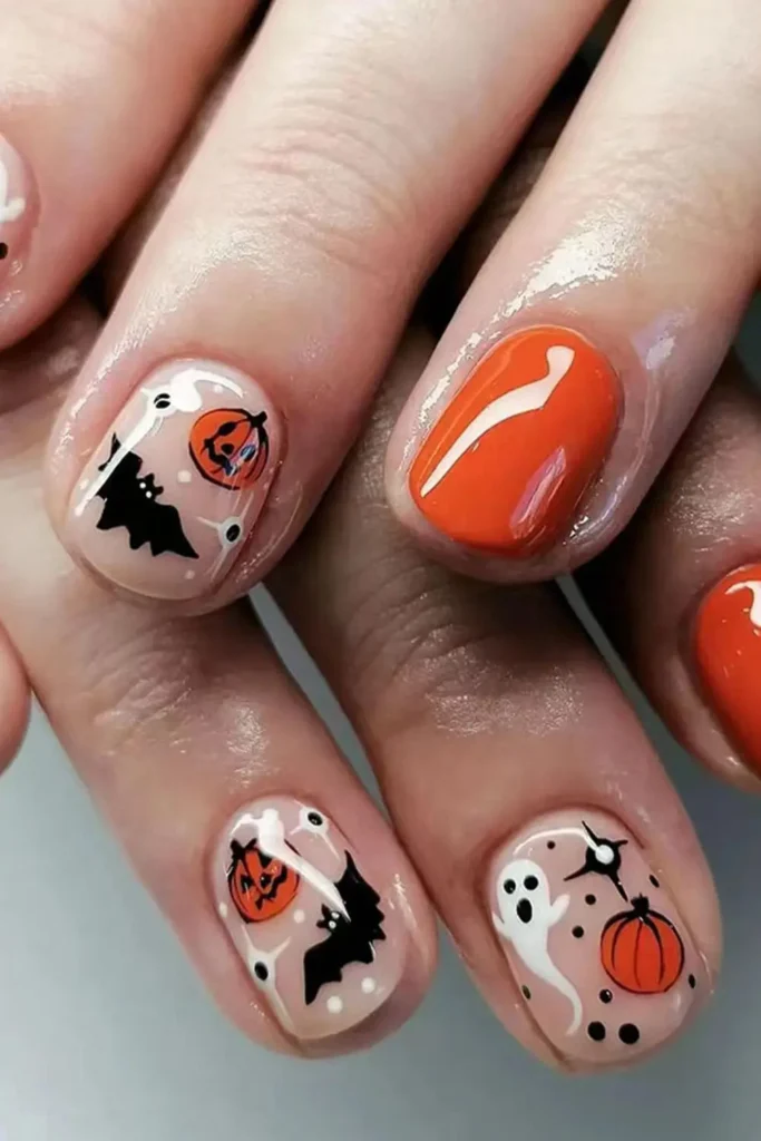 19. Pumpkin and Bat Square Nails