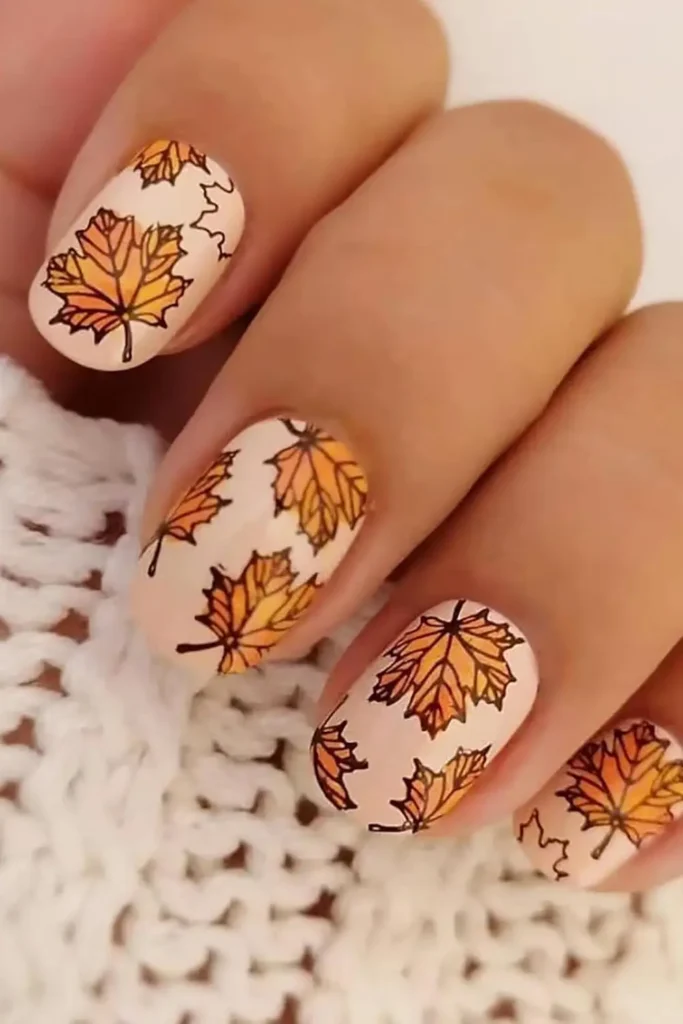 21. Maple Leaf Autumn Nails