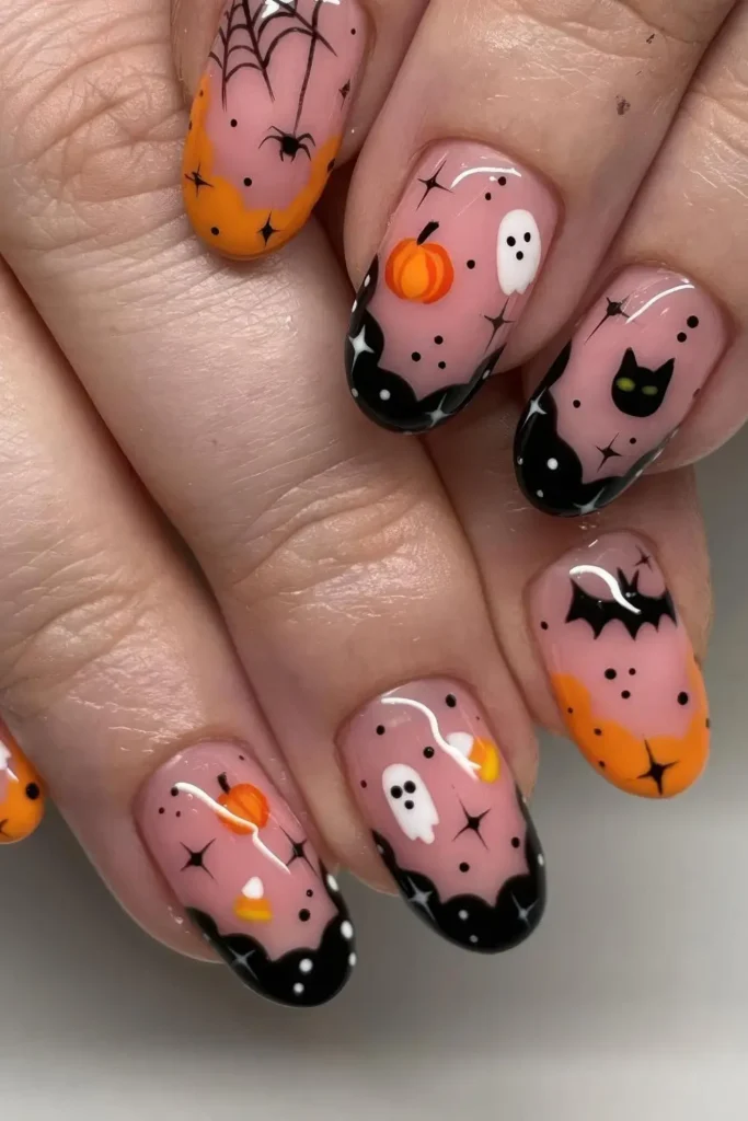 23. Glossy Bat and Pumpkin Nails