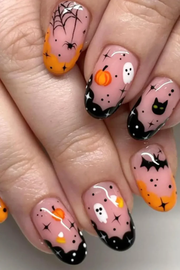 24. Spider Web and Pumpkin Coffin Nails