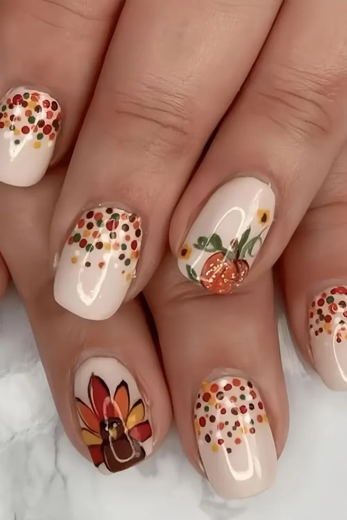 25. Thanksgiving Turkey and Pumpkin Nails