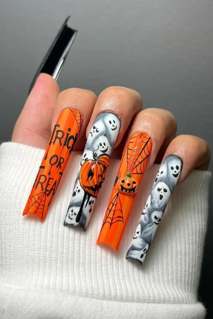 26. Horror Pumpkin Coffin Nails