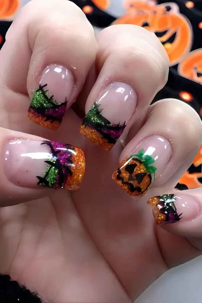 5. Orange Glitter Pumpkin Nails