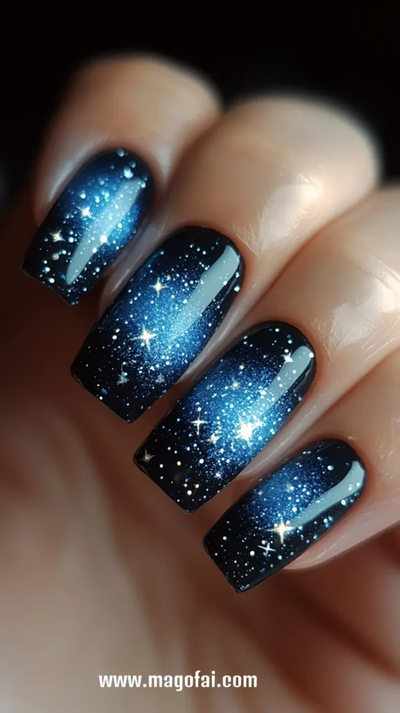 9. Glittery Midnight Sky - Halloween Nails 1