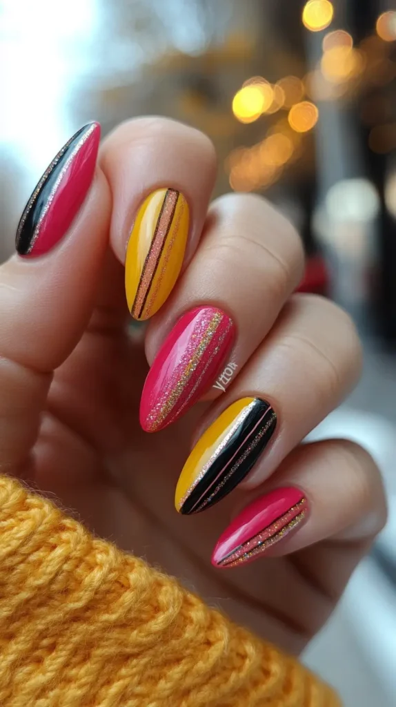 Almond Nails with Stripes