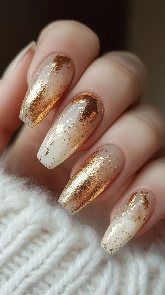 Neutral Almond Nails with Gold Foil