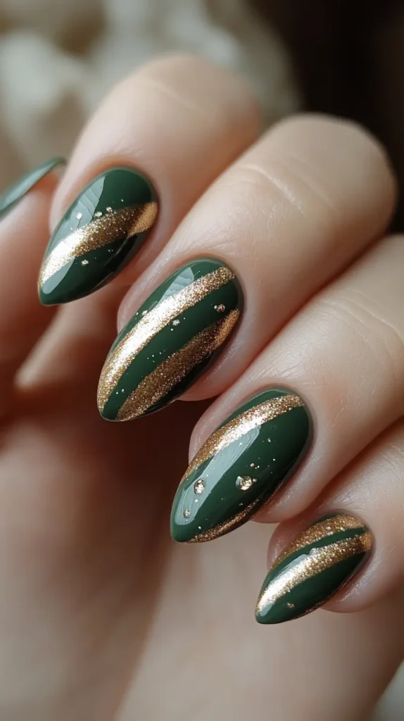 matte_olive_with_gold_stripes_nail