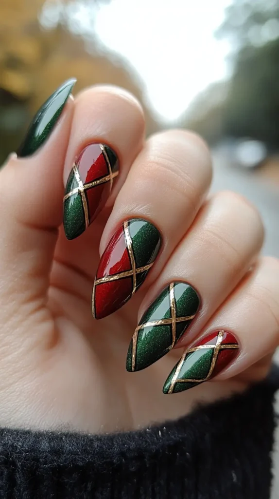 1. Crimson & Forest Green Geometrics