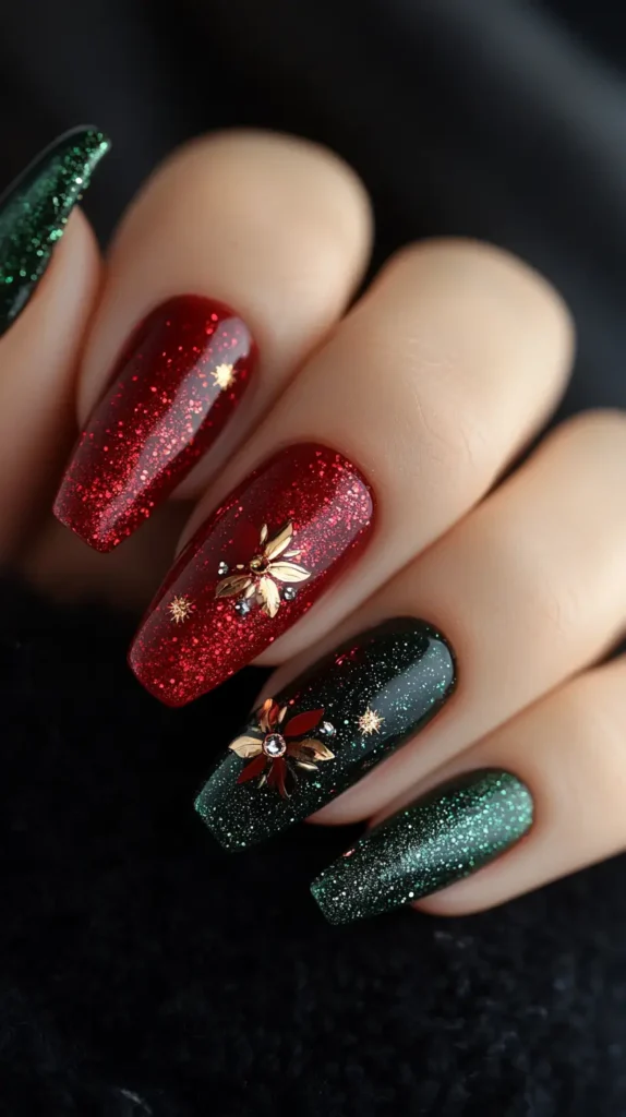 20. Red & Green Glitter Accent Nails