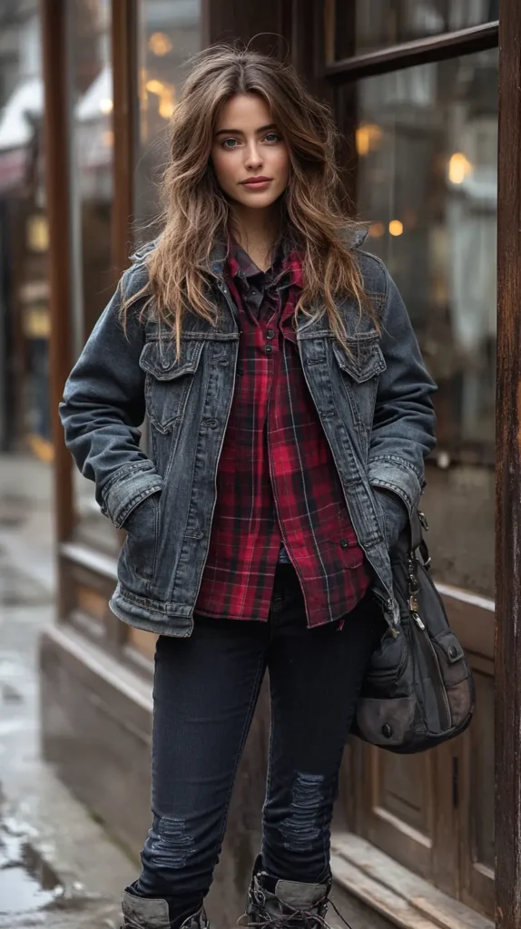 7. Plaid Shirt & Denim Jacket